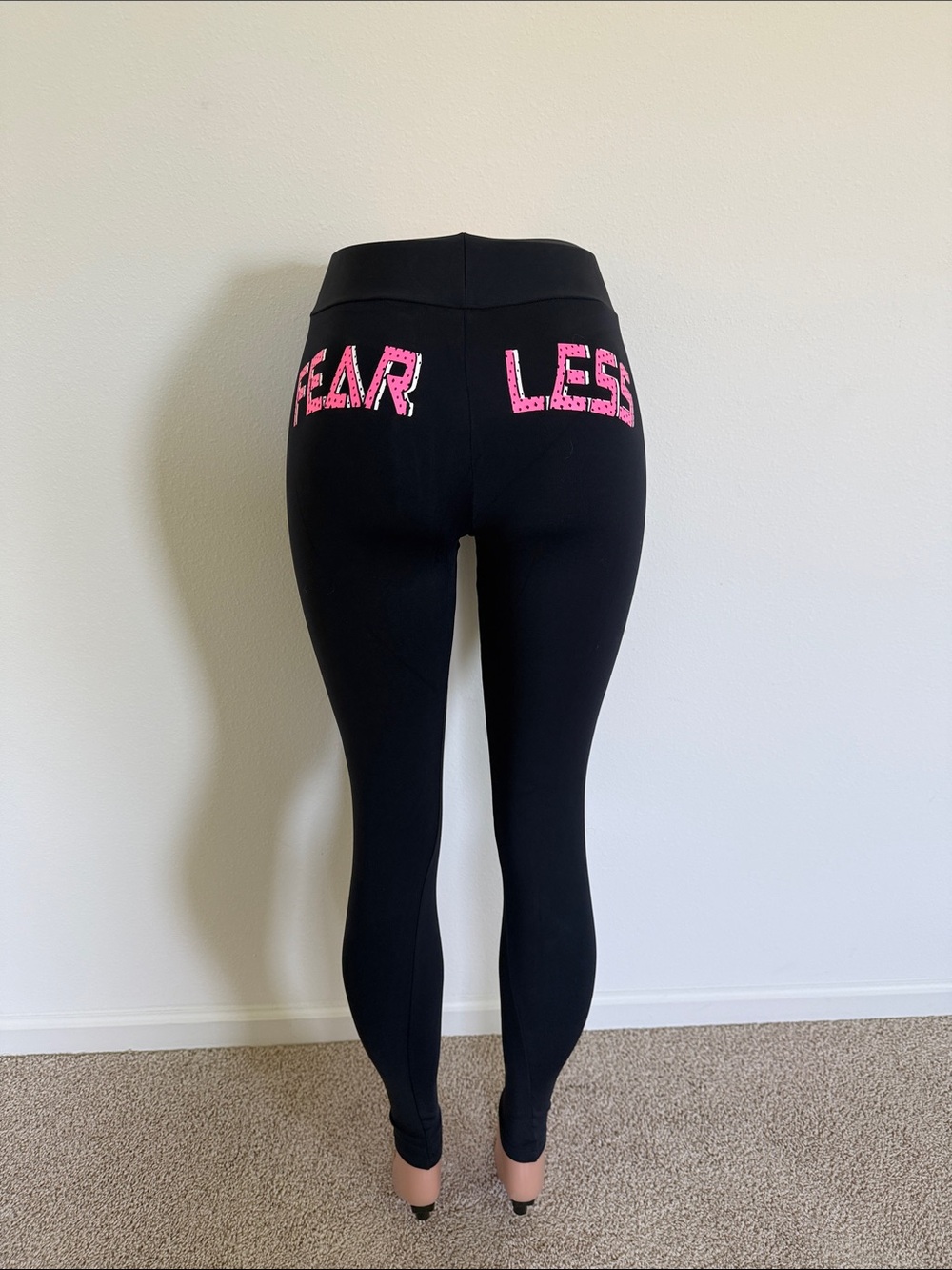 High-Rise Black Leggings with Pink 'FEARLESS' Back Detail